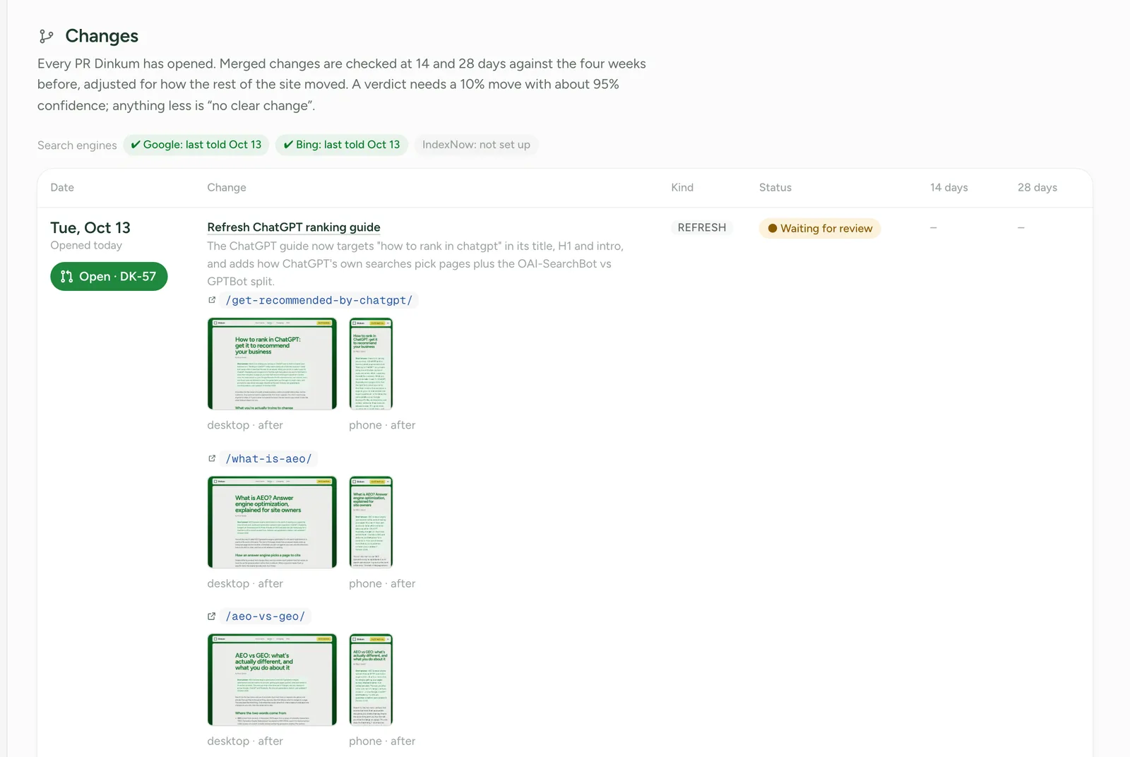 The Changes page: a refresh of the ChatGPT ranking guide opened today as DK-57, waiting for review, with desktop and phone screenshots of each page it changed, and Google and Bing both told on 13 October.