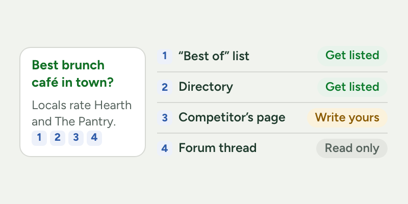 A Perplexity answer links the pages it used. Sort them by kind: a best-of list or a directory is somewhere to get listed, a competitor’s page means you need your own version, and a forum thread is for reading only.